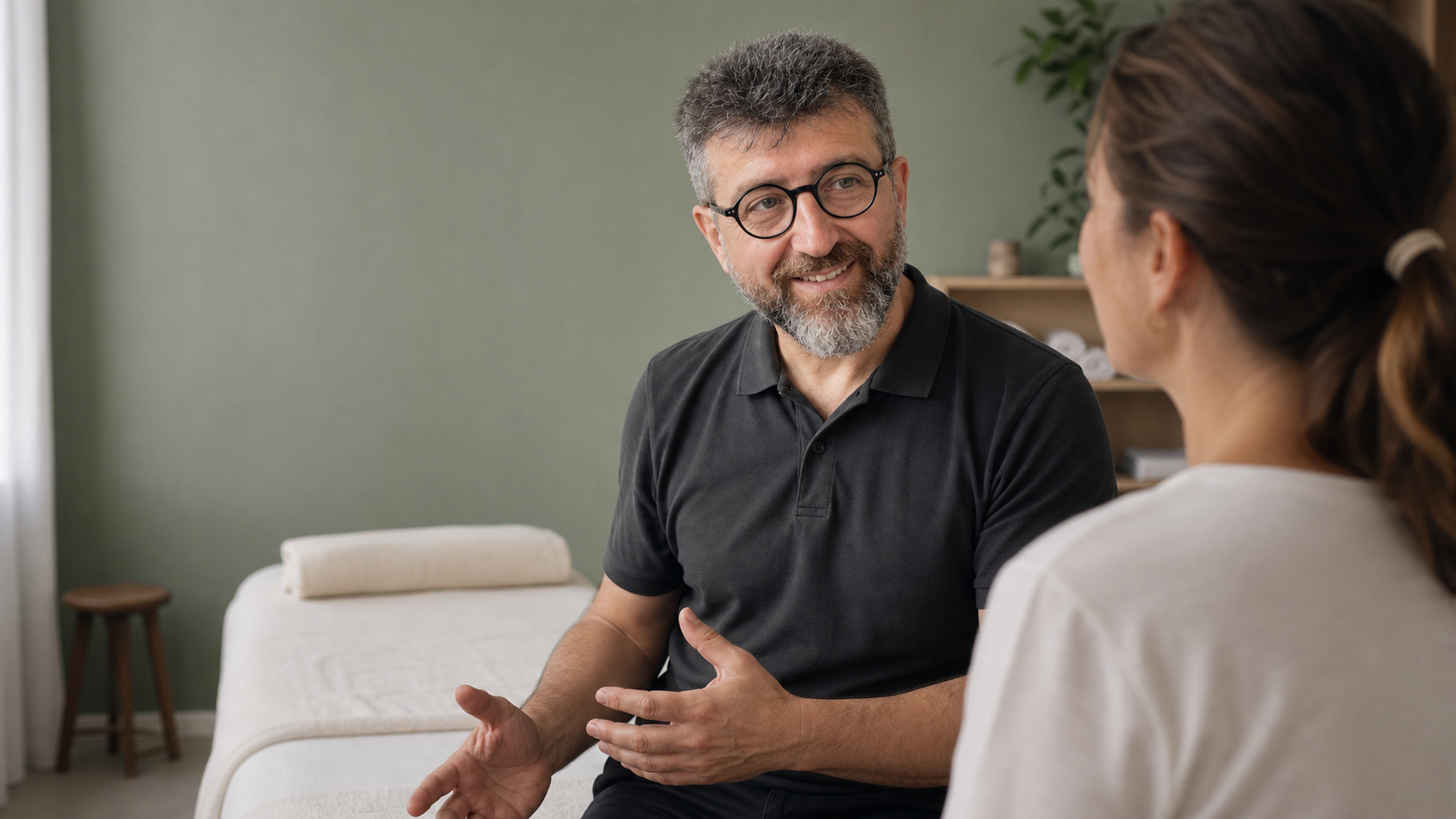 Evgenii Iarinovskii speaking with a client in his massage studio